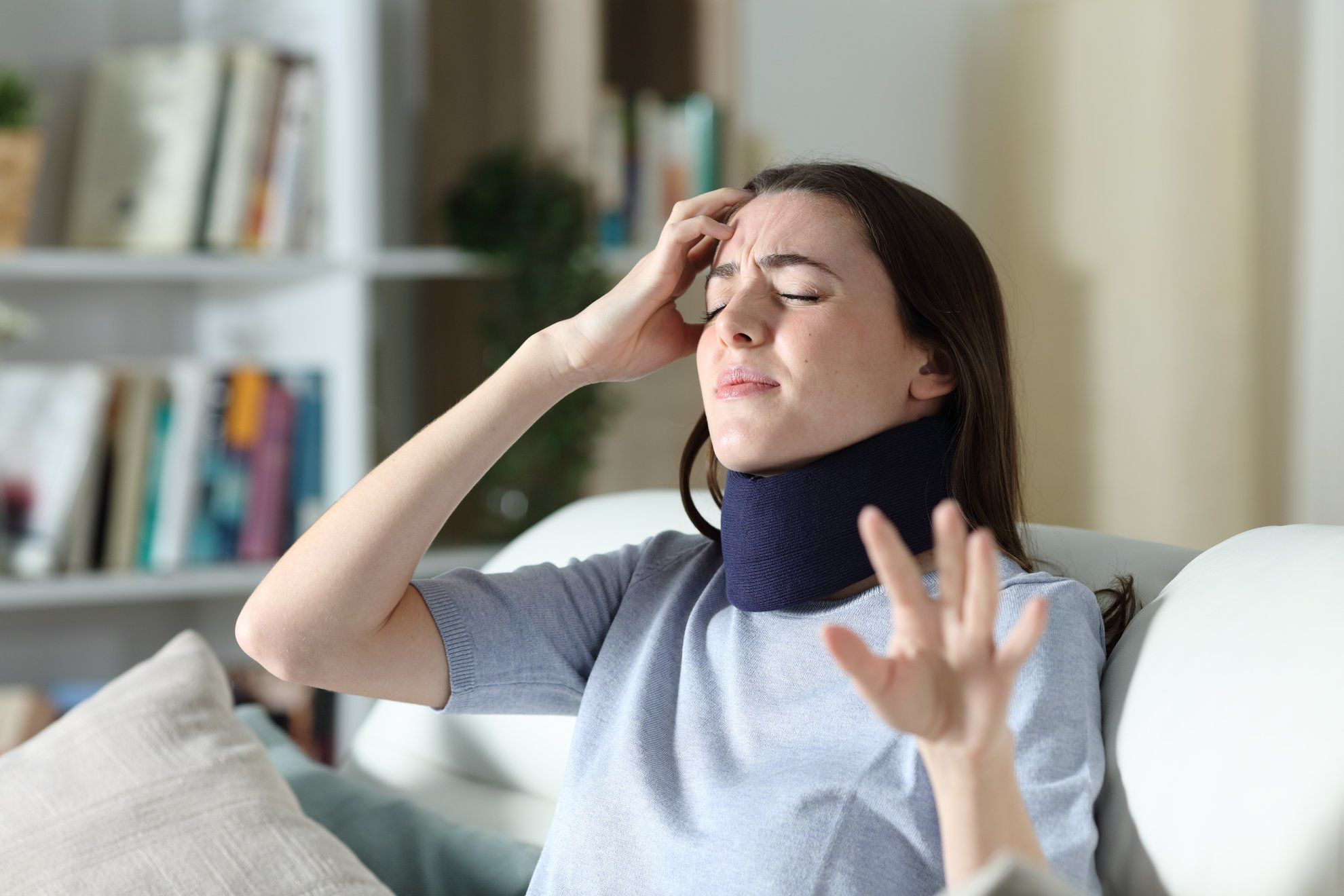 Dizzy convalescent woman complaining at home